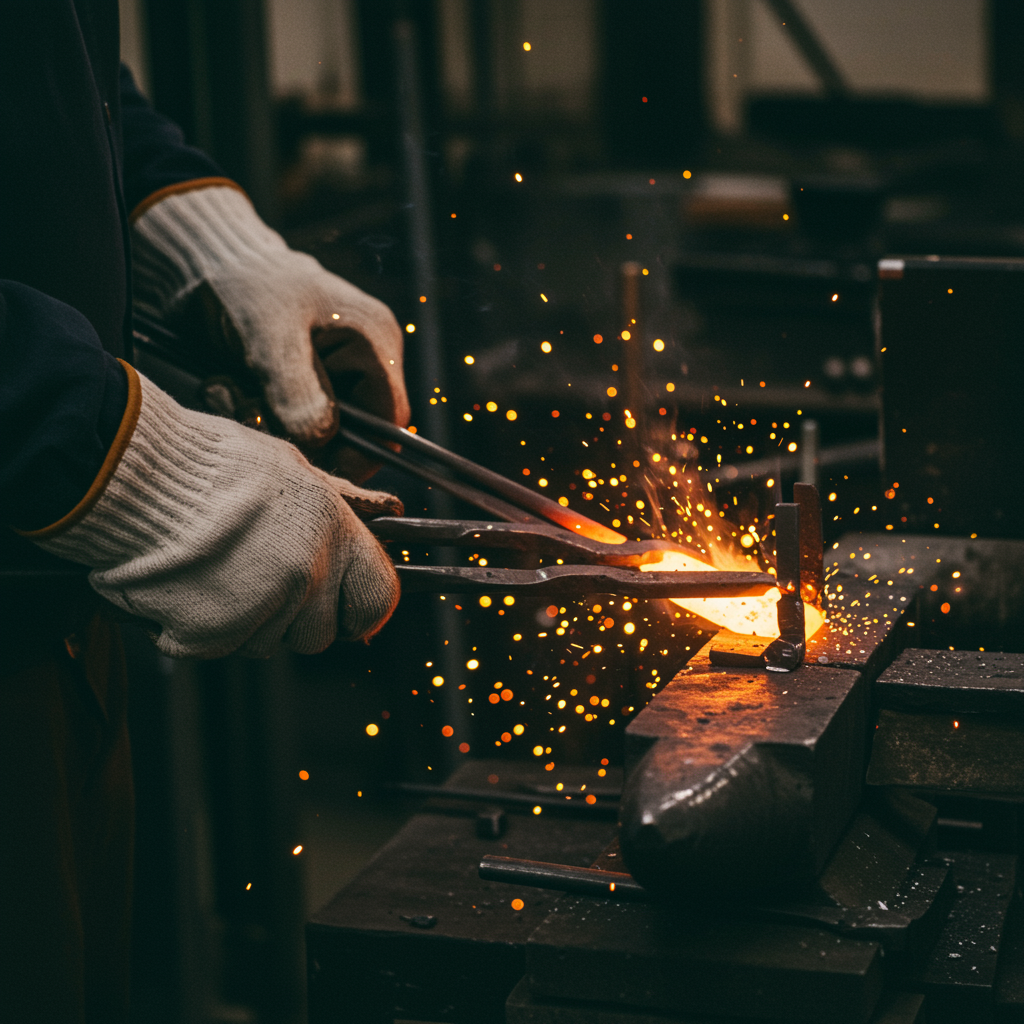 imagen1 "Detalle del proceso de forja artesanal de accesorios ecuestres personalizados, mostrando chispas vibrantes y la meticulosa labor de un artesano con guantes."
