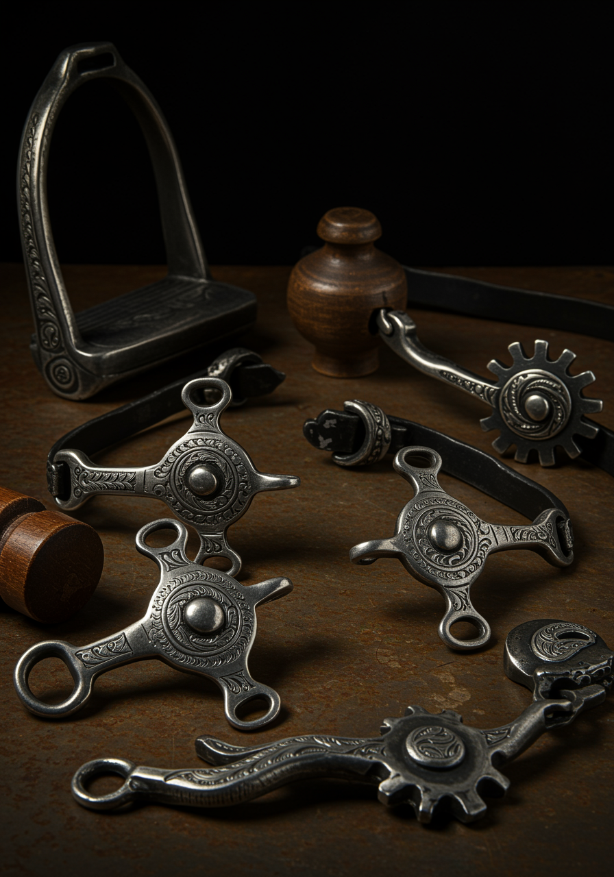 imagen3 1 "Still life de equipo ecuestre de metal forjado a mano, con detalles ornamentales en frenos, estribos y espuelas, resaltando la calidad artesanal y el diseño exclusivo."