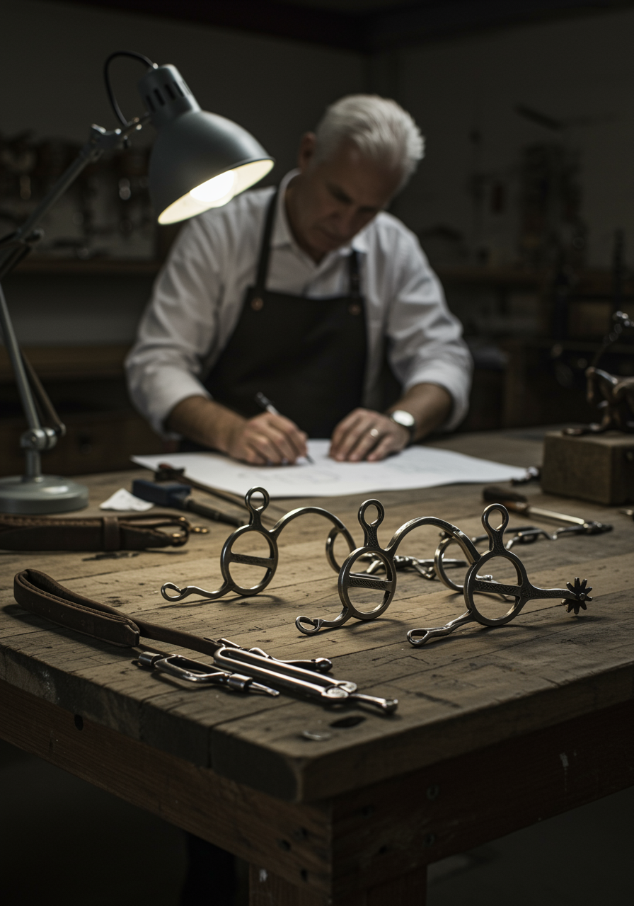 imagen3 3 "Exquisita colección de accesorios de metal personalizados para caballos, como bocado, estribos y espuelas, sobre una mesa de madera envejecida, destacando la artesanía y el servicio personalizado en forja de alta calidad."