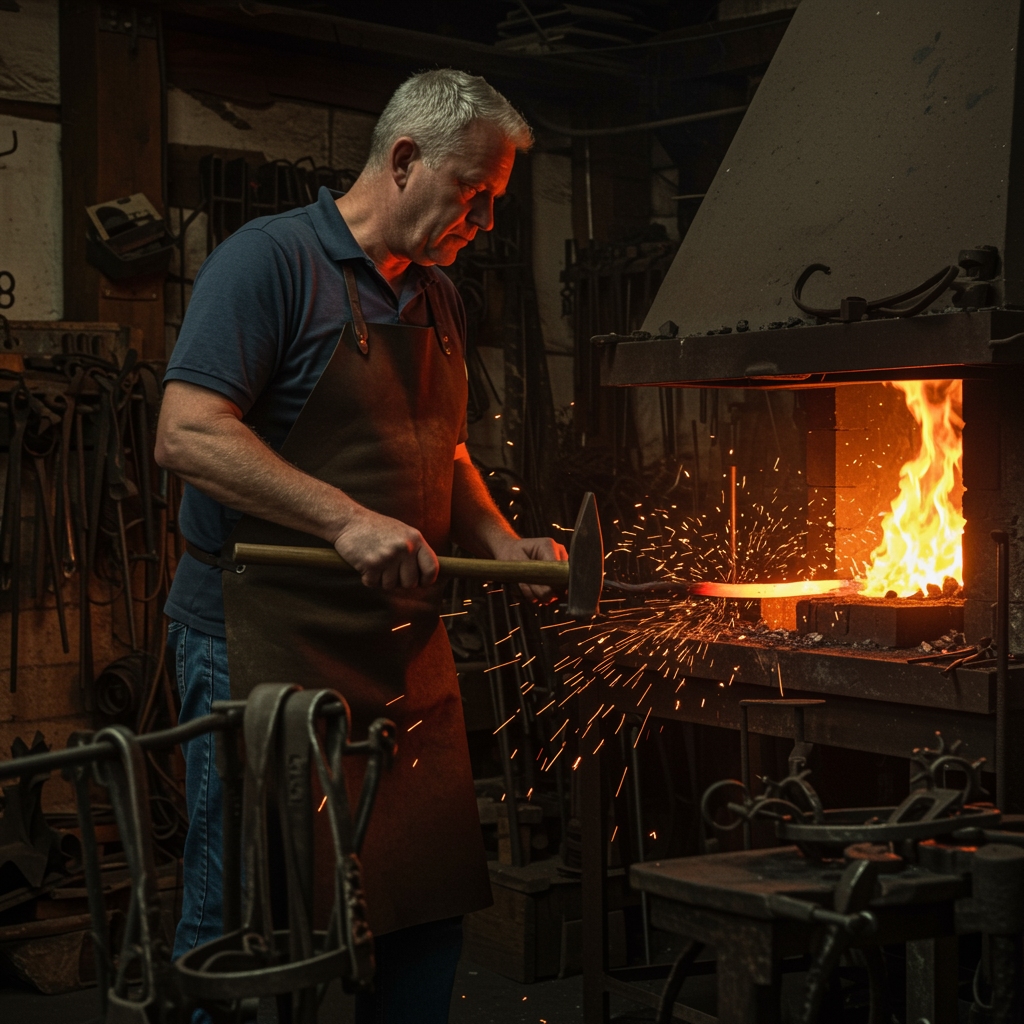 imagen5 1 "Artesano masculino trabajando en una forja rústica, creando equipamiento de metal personalizado para caballos con herramientas antiguas, mientras chispa y fuego iluminan su intensa concentración."