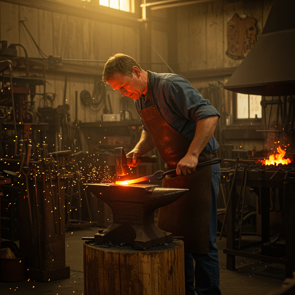 imagen5 2 "Imagen de un herrero moderno forjando componentes personalizados para montura de caballos, con un enfoque en la fusión de la artesanía tradicional y la precisión actual."