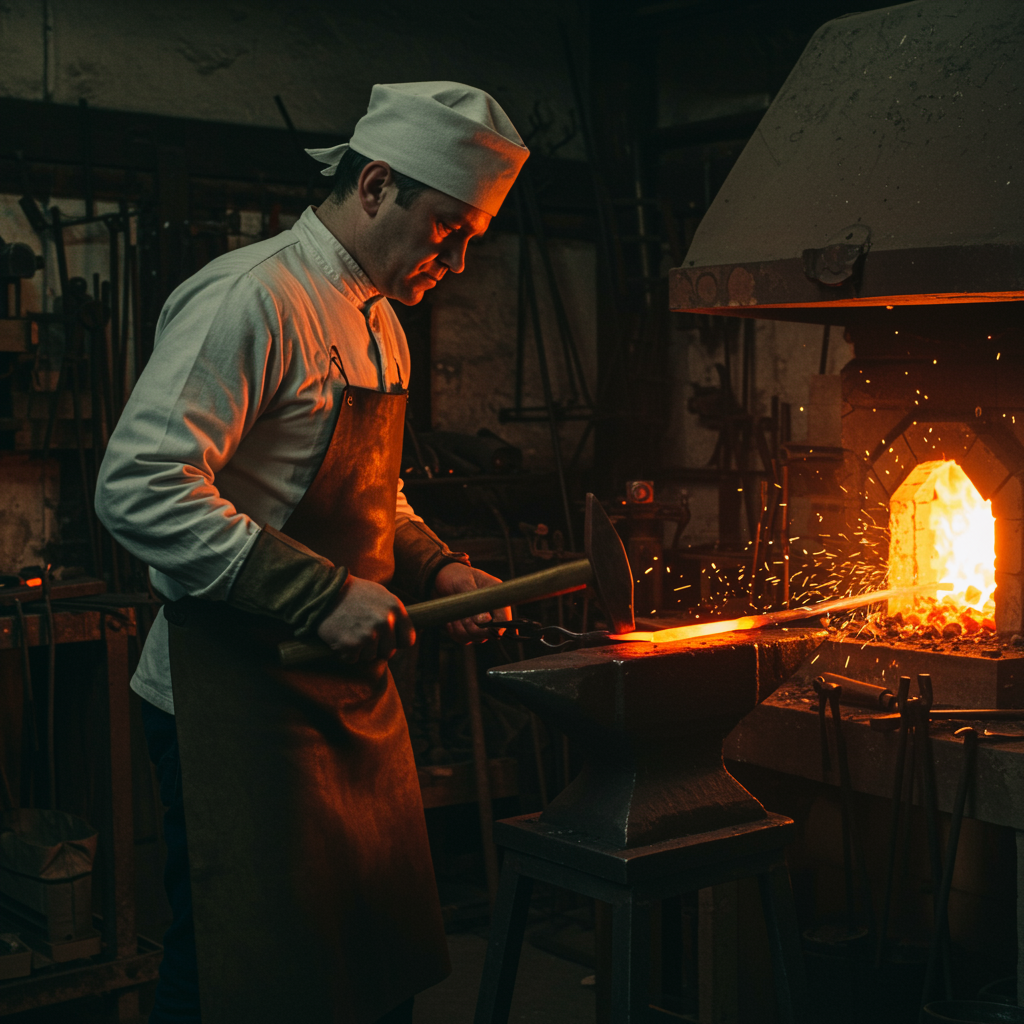 imagen5 3 "Artista artesano en forja tradicional creando estribos de metal para caballos, iluminado por el fuego y rodeado de herramientas rústicas."