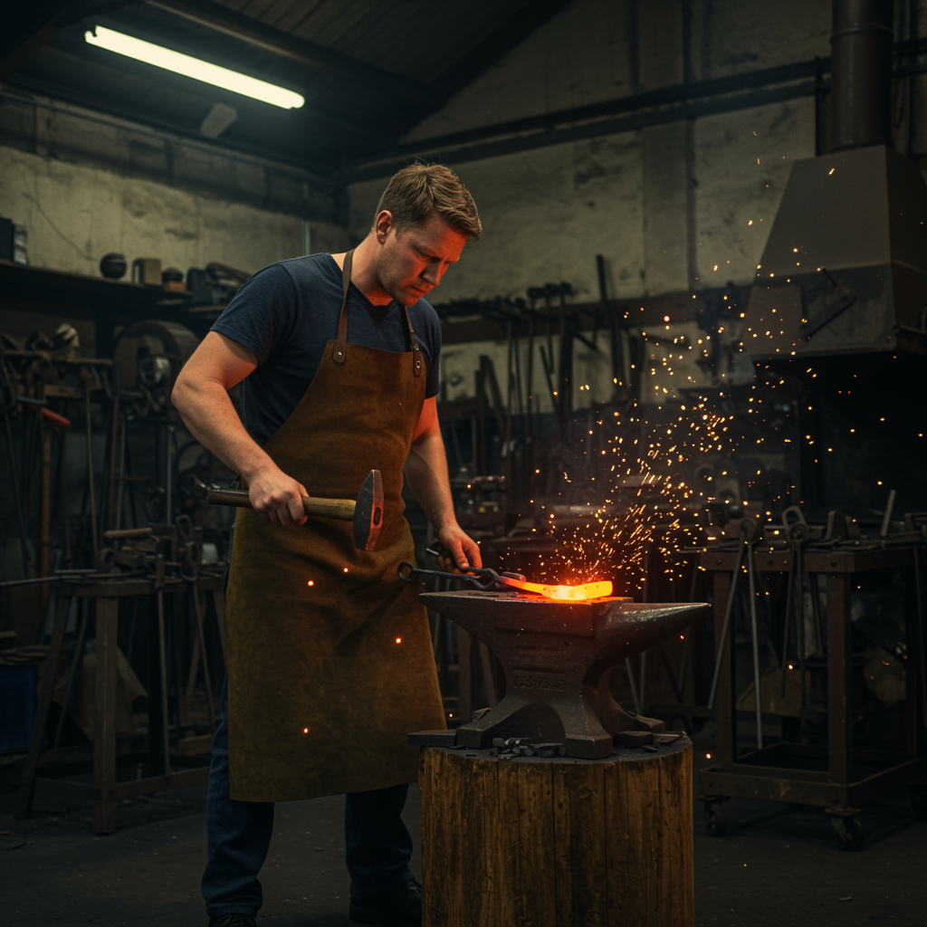 "Imagen de un herrero blanco forjando equipo ecuestre en un taller tradicional, destacando la fusión de técnicas clásicas y contemporáneas en su labor artesanal."