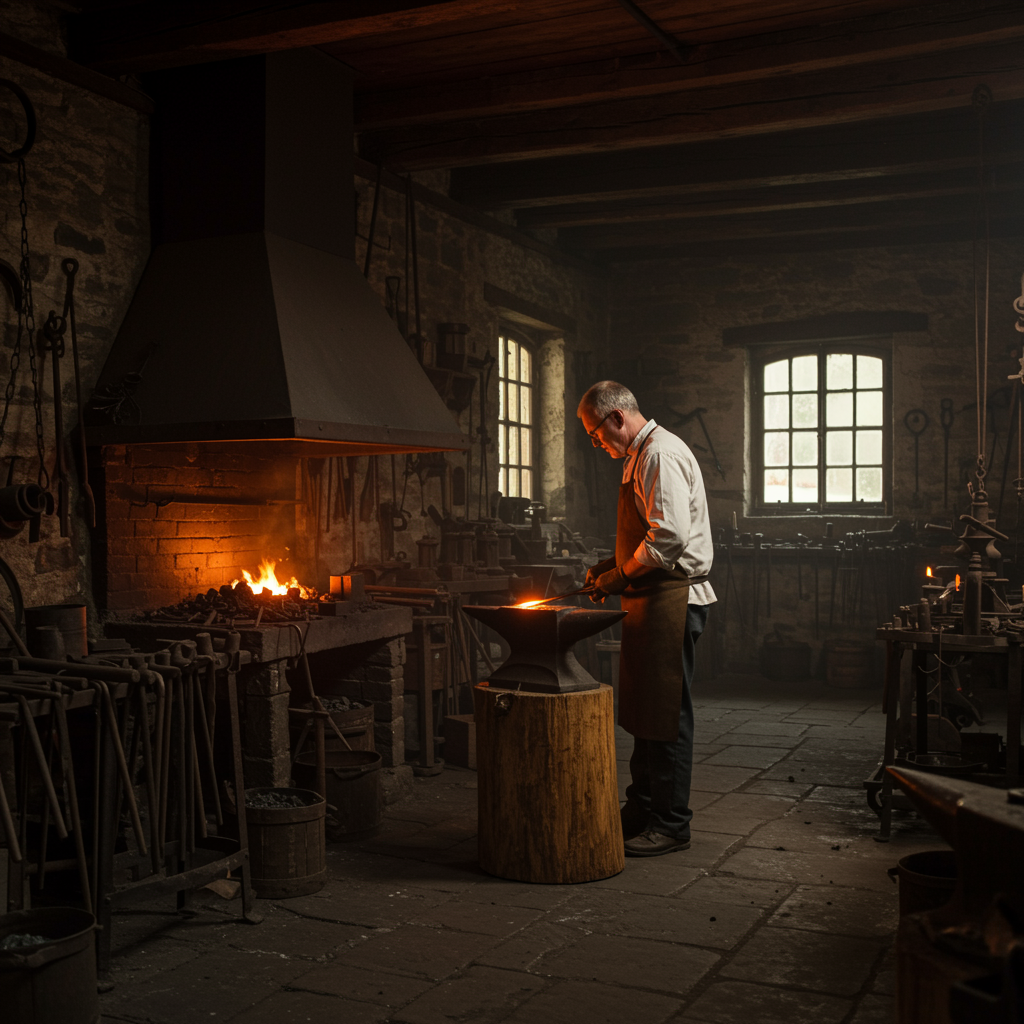 imagen5 "Interior de un taller de herrería tradicional con forja brillante, herramientas antiguas y un artesano en vestimenta clásica, representando la maestría y la herencia artesanal."